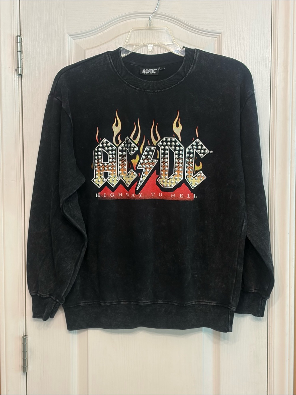 AC/DC Black Crewneck with Flame Logo and Stud Detailing